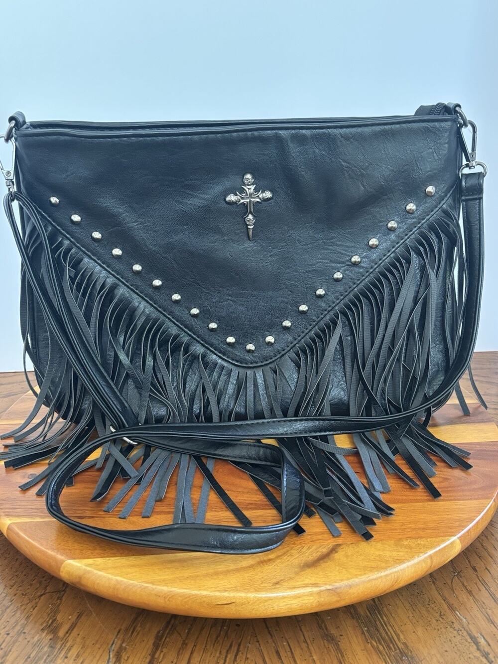 Black Fringe Studded Country Goth Western Crossbody Bag Medium Inner Pockets
